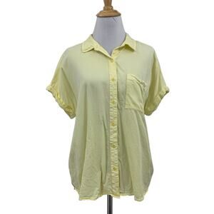 Ecothreads Shirt Women M Medium Yellow Button Up Pocket Short Sleeves Dropcut